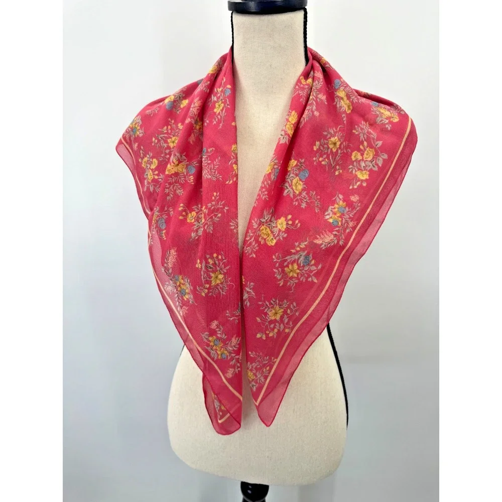 Vintage Dainty Floral Pink Silk Chiffon Large Square Scarf Head Wrap 31.5